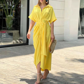 Women's lace up waist collection short sleeved single breasted solid color shirt dress