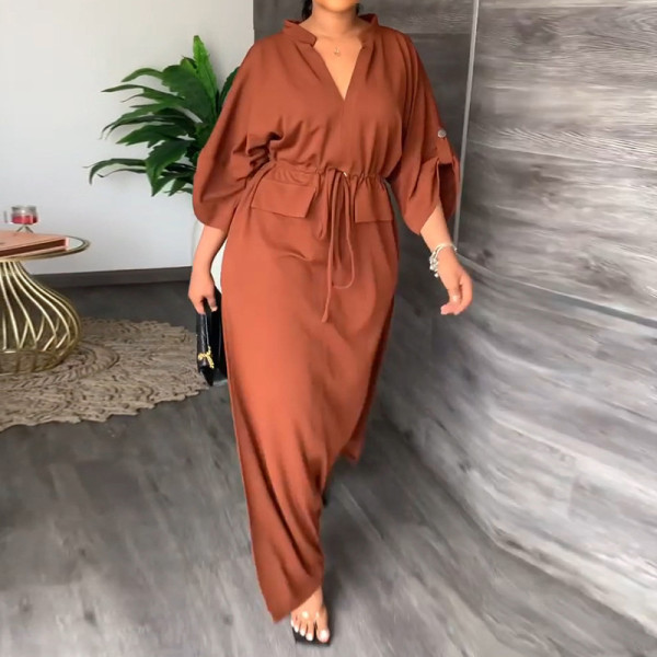 Women's temperament V-neck tie waist loose casual slit dress
