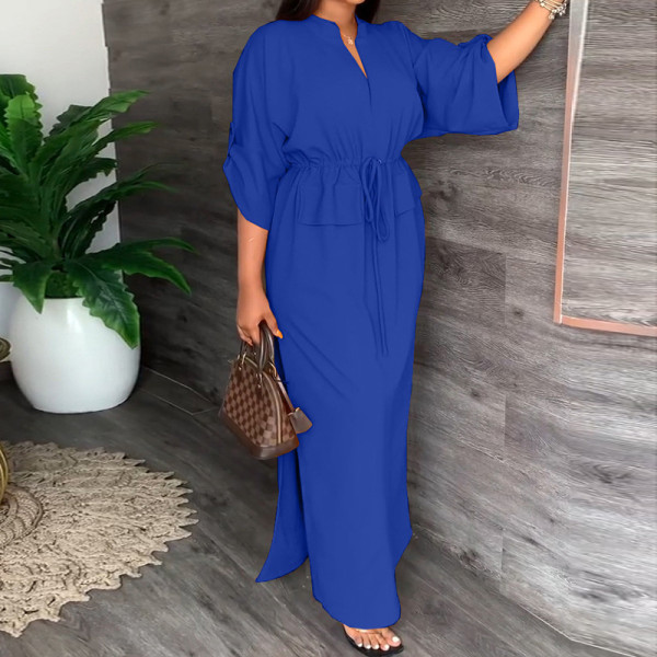 Women's temperament V-neck tie waist loose casual slit dress