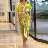 Women's printed lapel short sleeved high waisted long shirt dress