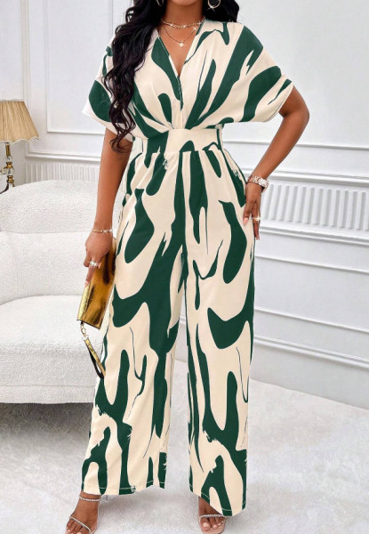 Women's full body printed bat sleeve wide leg jumpsuit