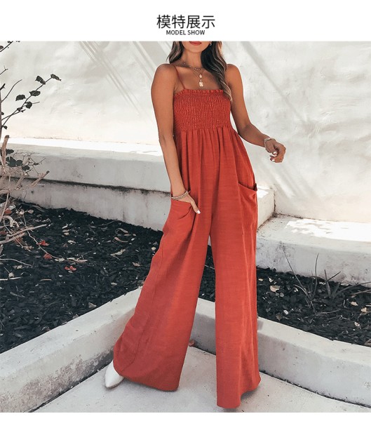 Women's solid color suspender pleated casual style commuting high waisted jumpsuit