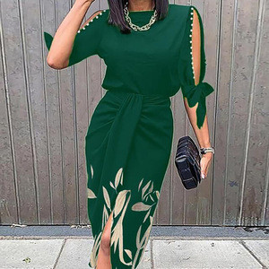 Women's high waisted printed three quarter sleeve slim fitting sexy dress
