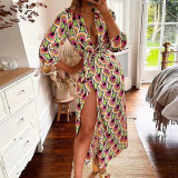 Printed overlapping V-neck pleated tie waist long sleeved slit skirt