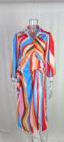 Printed overlapping V-neck pleated tie waist long sleeved slit skirt