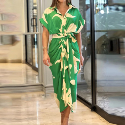 Women's printed lapel short sleeved high waisted long shirt dress