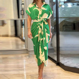 Women's printed lapel short sleeved high waisted long shirt dress