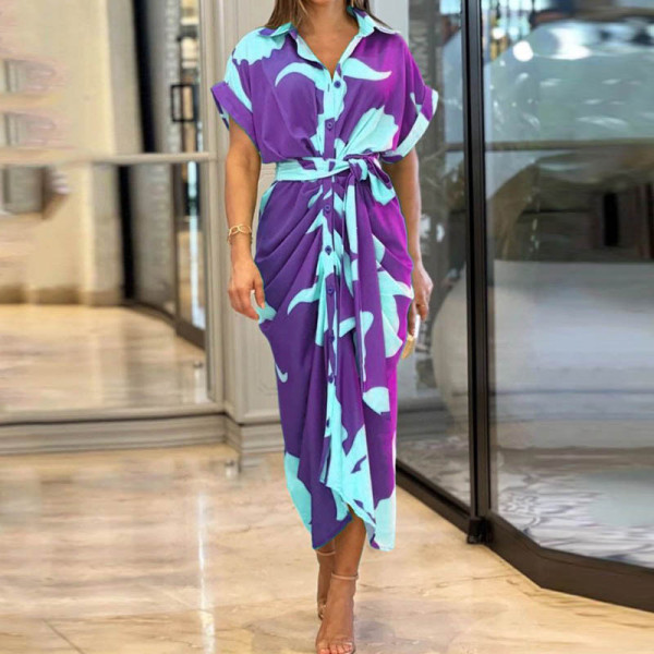 Women's printed lapel short sleeved high waisted long shirt dress