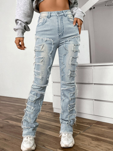 Elastic patch denim layered straight leg jeans