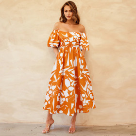 One line neckline bubble sleeve printed skirt, casual fashion, large swing, temperament dress