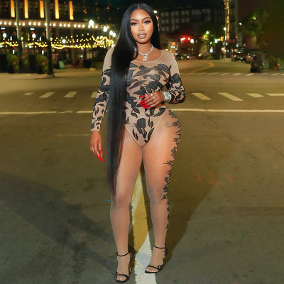 U-neck long sleeved jumpsuit, high waisted sock pants, mesh print set