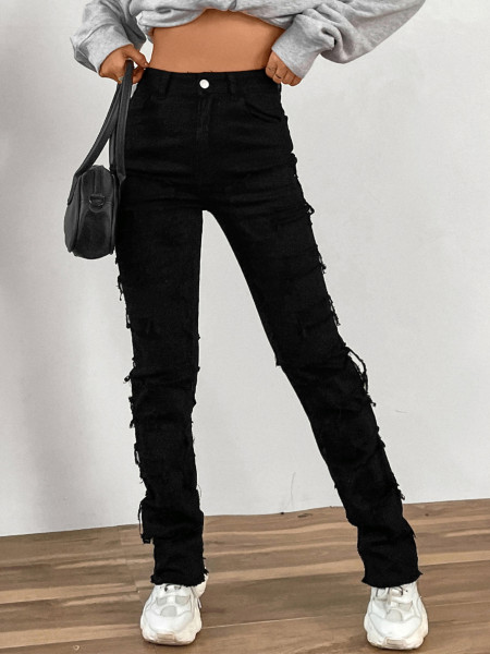 Elastic patch denim layered straight leg jeans