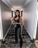 Solid color suspender elastic leather slim fit two-piece set
