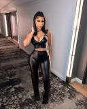 Solid color suspender elastic leather slim fit two-piece set