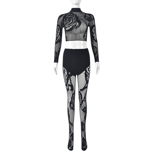 Integrated High Elastic Perspective Flower Sexy Pants Set