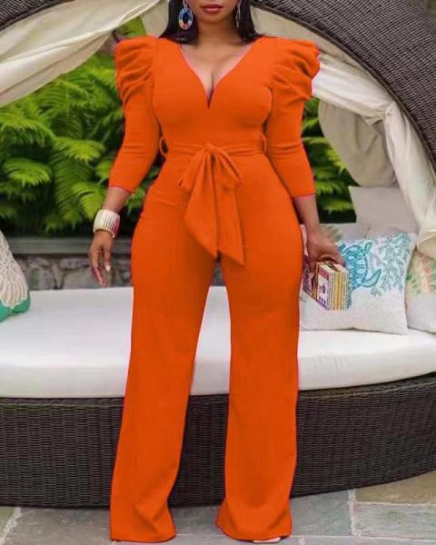 V-neck long pants jumpsuit straight leg wide leg pants with waistband