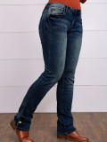 Elastic slim fit straight leg denim pants, women's embroidered jeans