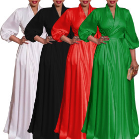 Women's temperament commuting V-neck high waisted solid color women's dress