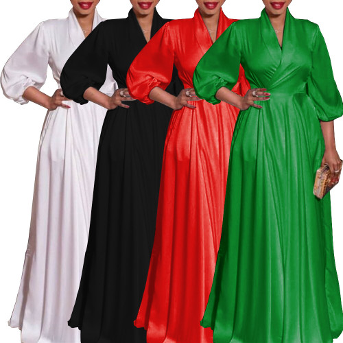 Women's temperament commuting V-neck high waisted solid color women's dress