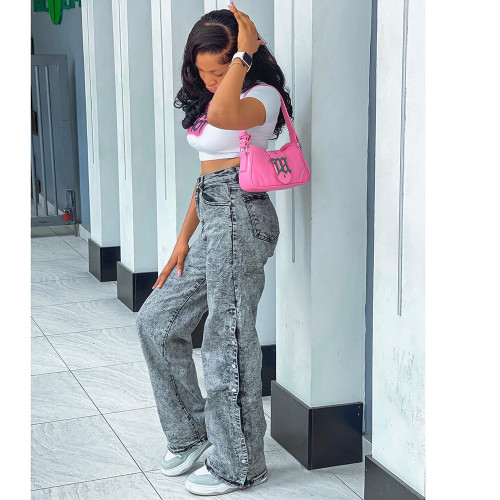 Women's fashion spicy girl high waisted side slit single breasted casual pants