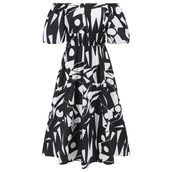 One line neckline bubble sleeve printed skirt, casual fashion, large swing, temperament dress