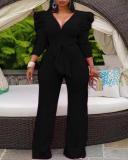 V-neck long pants jumpsuit straight leg wide leg pants with waistband