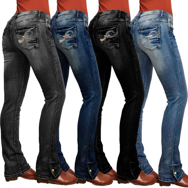 Elastic slim fit straight leg denim pants, women's embroidered jeans