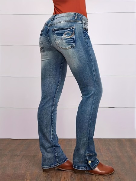 Elastic slim fit straight leg denim pants, women's embroidered jeans
