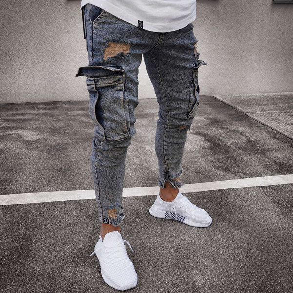 Elastic men's jeans with torn knees and zippered small leg pants