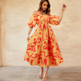 One line neckline bubble sleeve printed skirt, casual fashion, large swing, temperament dress
