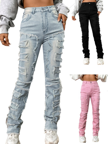Elastic patch denim layered straight leg jeans