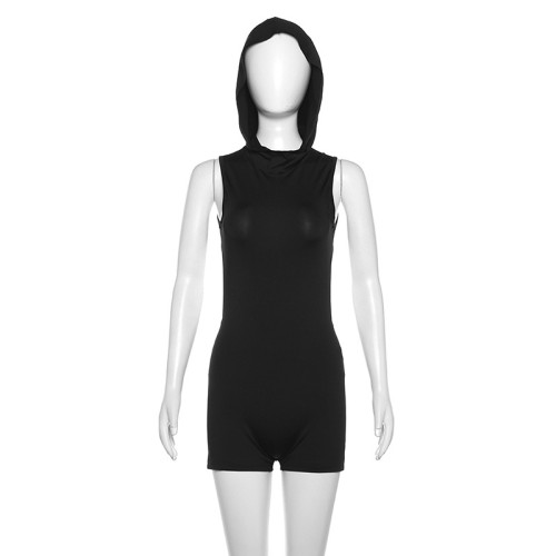 Women's sleeveless hooded hollow slim fit high waisted jumpsuit shorts