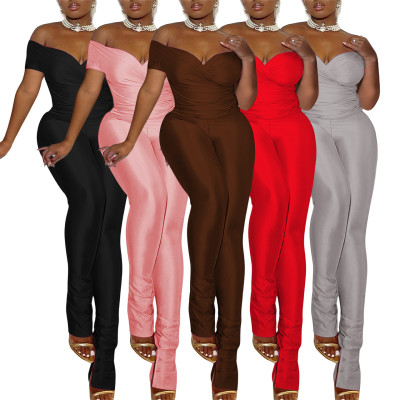 Off shoulder V-neck short sleeved slim fit casual sports two-piece set