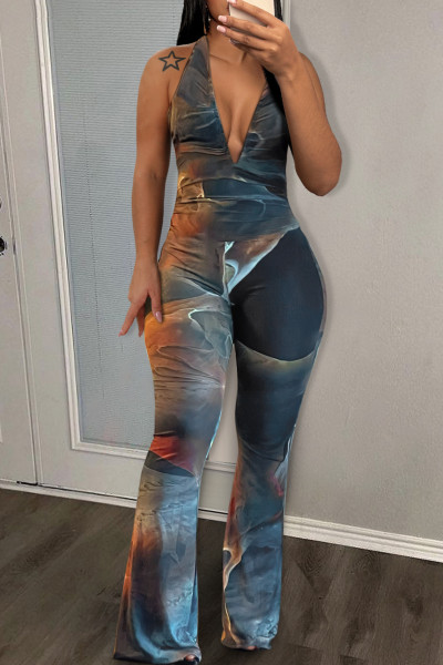 Oil painting style women's sexy backless hanging neck V-neck lifting buttocks jumpsuit