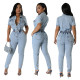 Elastic waist slim fit elastic small leg denim jumpsuit