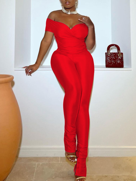 Off shoulder V-neck short sleeved slim fit casual sports two-piece set