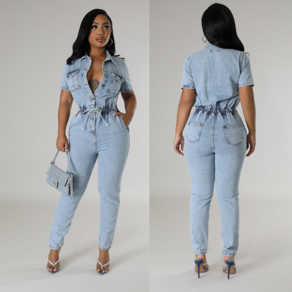 Elastic waist slim fit elastic small leg denim jumpsuit