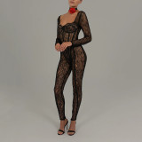 Low cut jumpsuit women's sexy perspective pants