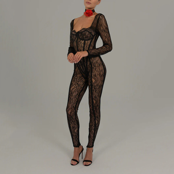 Low cut jumpsuit women's sexy perspective pants