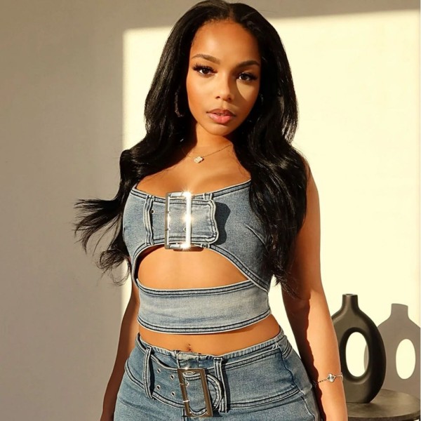 Adjustable buckle elastic casual denim set