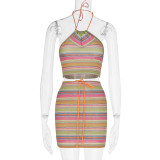 Printed hanging neck small vest with hip wrap skirt set