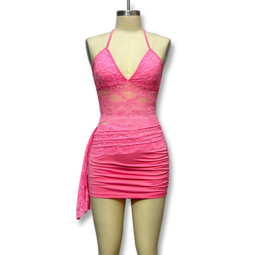 Visual suspender vest with hollowed out lace patchwork buttocks small skirt