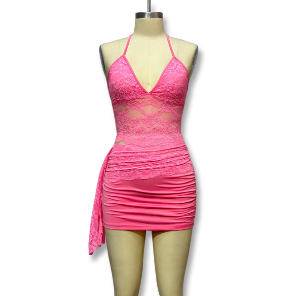 Visual suspender vest with hollowed out lace patchwork buttocks small skirt
