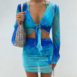 Tie dye printed V-neck strap gradient mesh flared sleeve top short skirt set