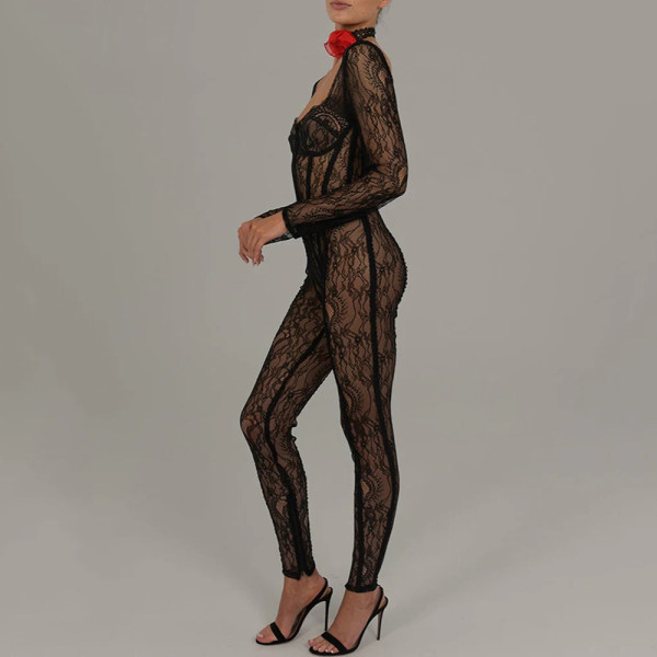 Low cut jumpsuit women's sexy perspective pants