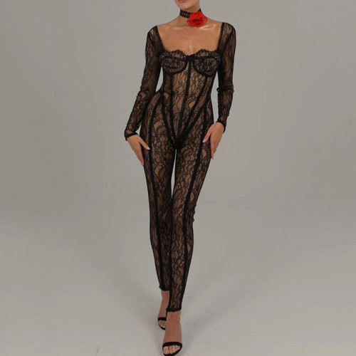 Low cut jumpsuit women's sexy perspective pants