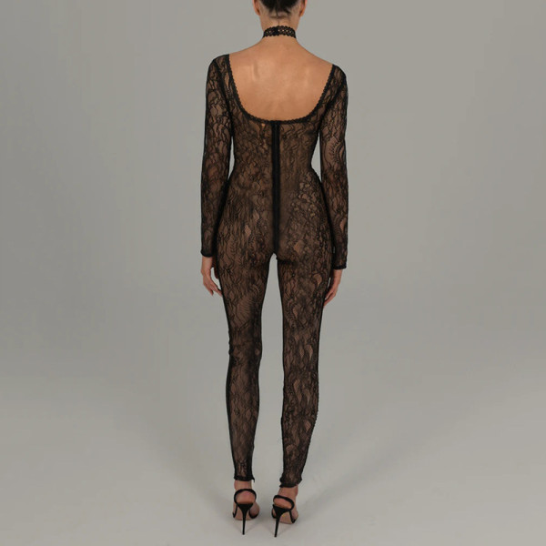 Low cut jumpsuit women's sexy perspective pants