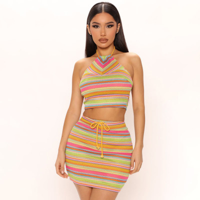 Printed hanging neck small vest with hip wrap skirt set