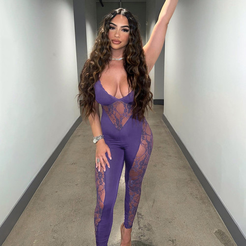 Lace patchwork sleeveless low cut backless camisole jumpsuit