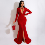 Women's solid color sexy V-neck split temperament buttocks wrapped long skirt